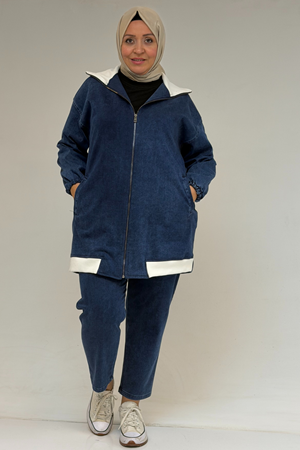 57081 Büyük Beden İki İplik Kombinli Kot Pantolonlu Takım - Lacivert