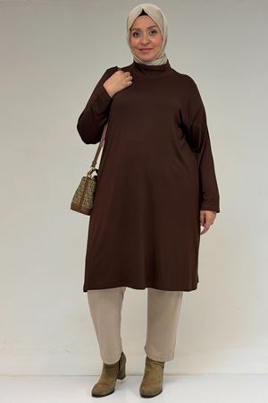 58175 Büyük Beden Boğazlı Yaka Basic Penye Tunik - Kahve