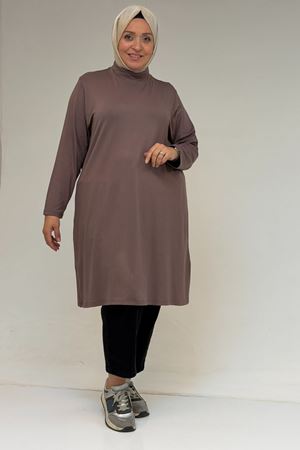 58175 Büyük Beden Boğazlı Yaka Basic Penye Tunik - Vizon