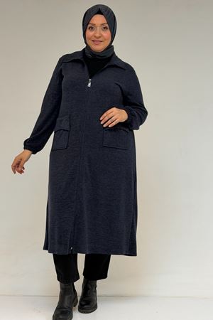 53064 Büyük Beden Fermuarlı Detaylı Mir Ceket - Lacivert