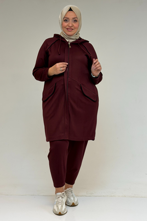 47068 Büyük Beden Çıtçıt Detaylı Modal Tunik Takım  - Bordo
