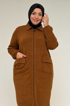 53064 Büyük Beden Fermuarlı Detaylı Mir Ceket - Taba