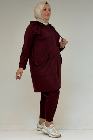47068 Büyük Beden Çıtçıt Detaylı Modal Tunik Takım  - Bordo