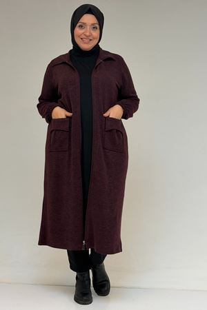 53064 Büyük Beden Fermuarlı Detaylı Mir Ceket - Mürdüm