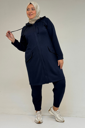 47068 Büyük Beden Çıtçıt Detaylı Modal Tunik Takım  - Lacivert