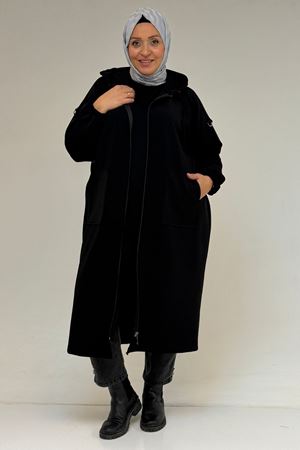 53074 Büyük Beden Fermuarlı Reglan Kol Çelik Ceket - Siyah