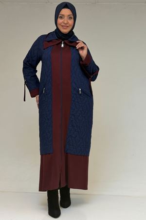 46018 Büyük Beden Fermuar Cepli Modal-Kapitone Kaban - İndigo-Bordo