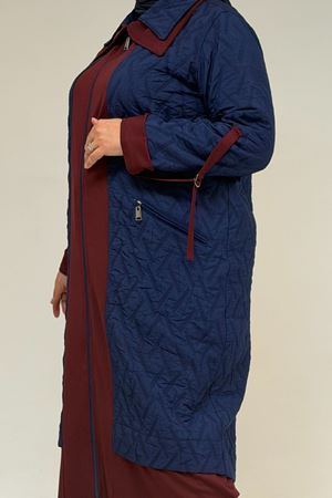 46018 Büyük Beden Fermuar Cepli Modal-Kapitone Kaban - İndigo-Bordo
