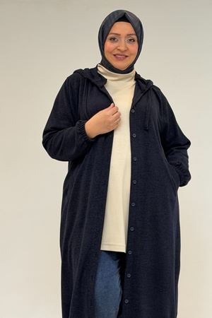 53065 Büyük Beden Kapüşonlu - Düğmeli Mir Ceket - Lacivert