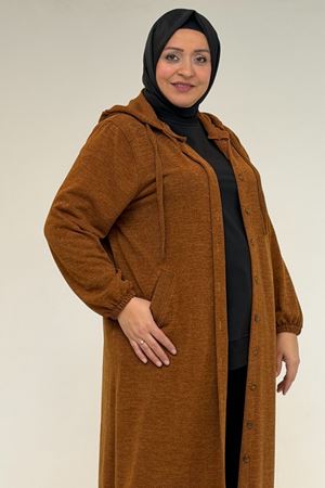 53065 Büyük Beden Kapüşonlu - Düğmeli Mir Ceket - Taba