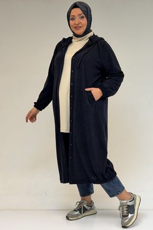 53065 Büyük Beden Kapüşonlu - Düğmeli Mir Ceket - Lacivert