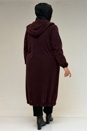 53065 Büyük Beden Kapüşonlu - Düğmeli Mir Ceket - Mürdüm