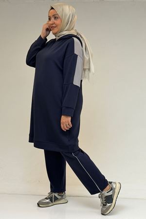 47100 Büyük Beden Garnili -Biyeli Pantolonlu Modal Takım - Lacivert