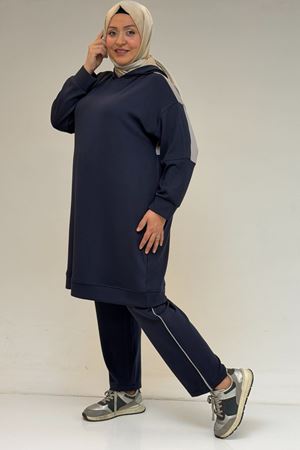 47100 Büyük Beden Garnili -Biyeli Pantolonlu Modal Takım - Lacivert