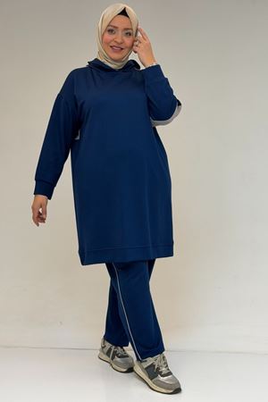 47100 Büyük Beden Garnili -Biyeli Pantolonlu Modal Takım - İndigo