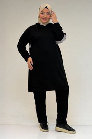 47100 Büyük Beden Garnili -Biyeli Pantolonlu Modal Takım - Siyah