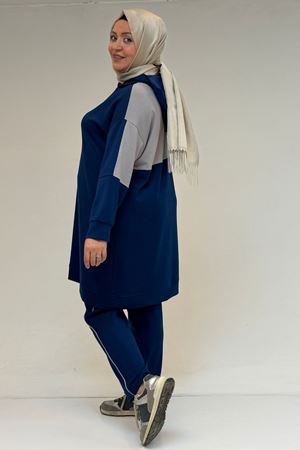 47100 Büyük Beden Garnili -Biyeli Pantolonlu Modal Takım - İndigo