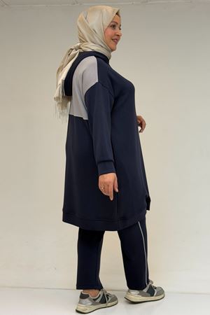 47100 Büyük Beden Garnili -Biyeli Pantolonlu Modal Takım - Lacivert