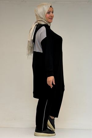 47100 Büyük Beden Garnili -Biyeli Pantolonlu Modal Takım - Siyah