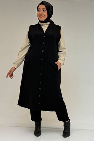 54016 Büyük Beden Yırtmaçlı Uzun Çelik Yelek - Siyah