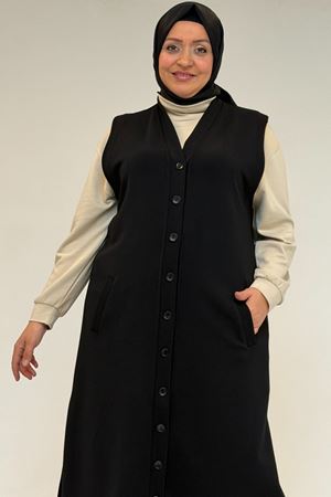 54016 Büyük Beden Yırtmaçlı Uzun Çelik Yelek - Siyah