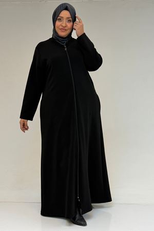 56020 Büyük Beden Boydan Fermuarlı Çelik Ferace - Siyah