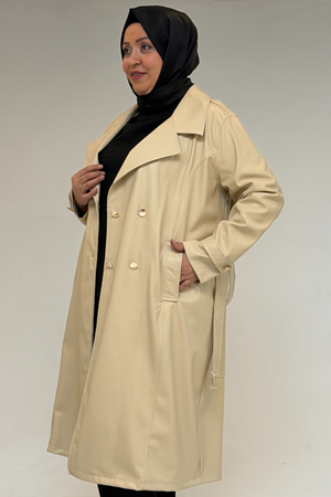 53073 Büyük Beden Kemerli Deri Trençkot - Bej
