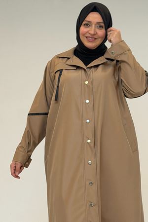 53062 Büyük Beden Sahte Cep Detaylı Bondit Trençkot - Vizon