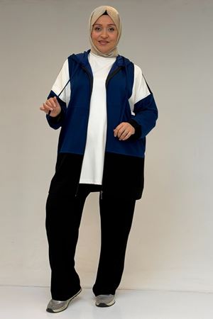 47056 Büyük Beden Garnili Boydan Fermuarlı Pantolonlu Modal Takım - İndigo-Siyah