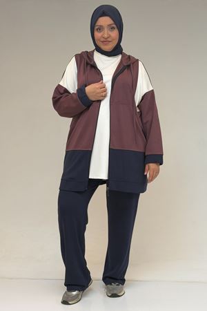 47056 Büyük Beden Garnili Boydan Fermuarlı Pantolonlu Modal Takım - Gül-Lacivert