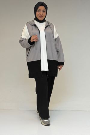 47056 Büyük Beden Garnili Boydan Fermuarlı Pantolonlu Modal Takım - Gri-Siyah