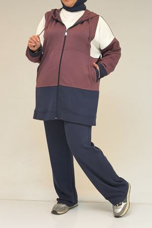 47056 Büyük Beden Garnili Boydan Fermuarlı Pantolonlu Modal Takım - Gül-Lacivert