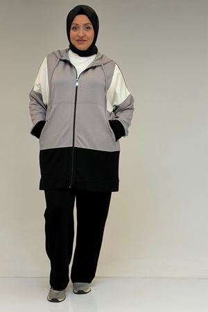 47056 Büyük Beden Garnili Boydan Fermuarlı Pantolonlu Modal Takım - Gri-Siyah