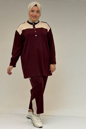 57042 Büyük Beden Yarım Patlı Çıtçıtlı Modal Pantolonlu Takım - Bordo
