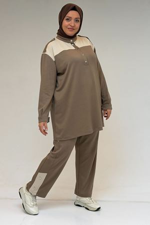 57042 Büyük Beden Yarım Patlı Çıtçıtlı Modal Pantolonlu Takım - Vizon