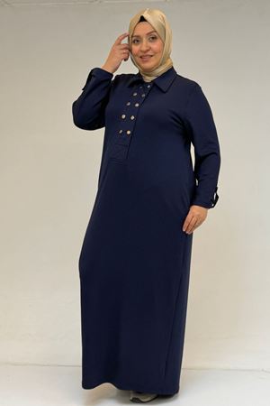52026 Büyük Beden Katlama Detaylı Erkek Yakalı Modal Elbise - İndigo
