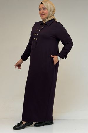 52026 Büyük Beden Katlama Detaylı Erkek Yakalı Modal Elbise - Mürdüm