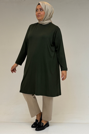 38501 Büyük Beden Basic Penye Tunik - Haki