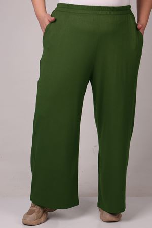 39000 Büyük Beden Yüksek Beli Lastikli Bol Paça Penye Pantolon - Haki