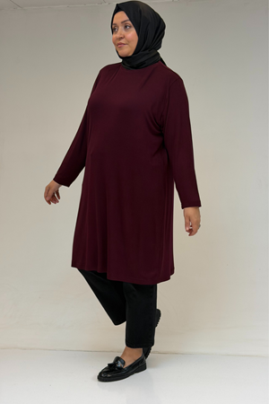 38501 Büyük Beden Basic Penye Tunik -  Bordo