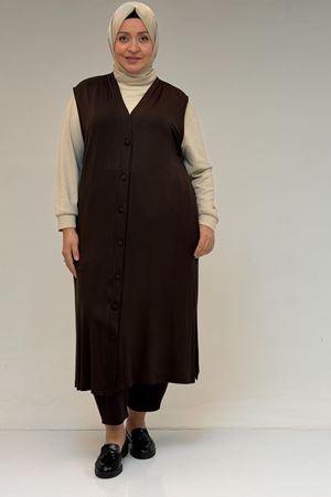 54017 Büyük Bedenkaplama Düğmeli Giy-Çık Penye Yelek - Kahve