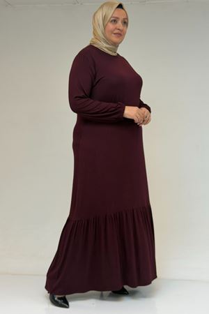 52034 Büyük Beden Eteği Fırfrılı Penye Elbise - Bordo