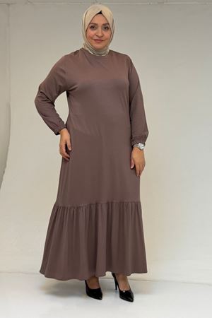 52034 Büyük Beden Eteği Fırfrılı Penye Elbise - Vizon