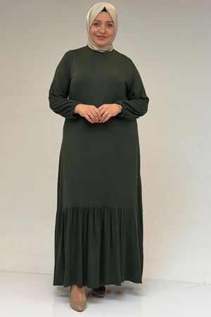 52034 Büyük Beden Eteği Fırfrılı Penye Elbise - Haki