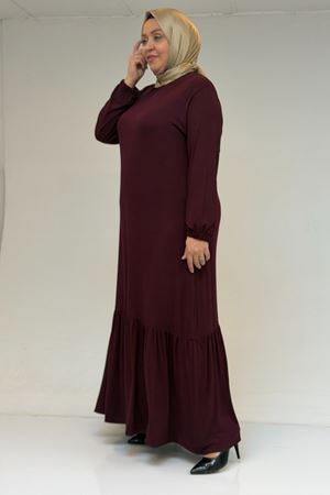 52034 Büyük Beden Eteği Fırfrılı Penye Elbise - Bordo