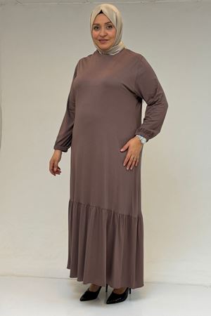 52034 Büyük Beden Eteği Fırfrılı Penye Elbise - Vizon