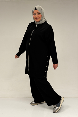 47090 Büyük Beden Pile Detaylı Modal Pantolonlu Takım - Siyah