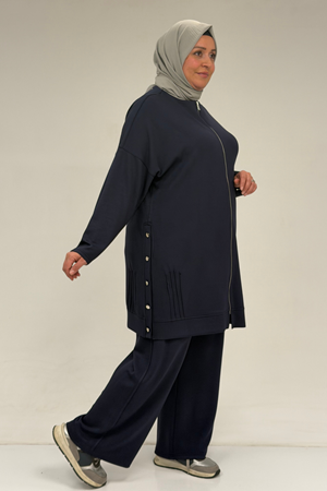 47090 Büyük Beden Pile Detaylı Modal Pantolonlu Takım - Lacivert