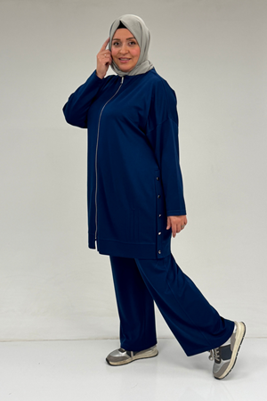 47090 Büyük Beden Pile Detaylı Modal Pantolonlu Takım - İndigo