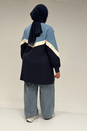 58084 Büyük Beden Parçalı Taş Detaylı Modal Tunik - Lacivert